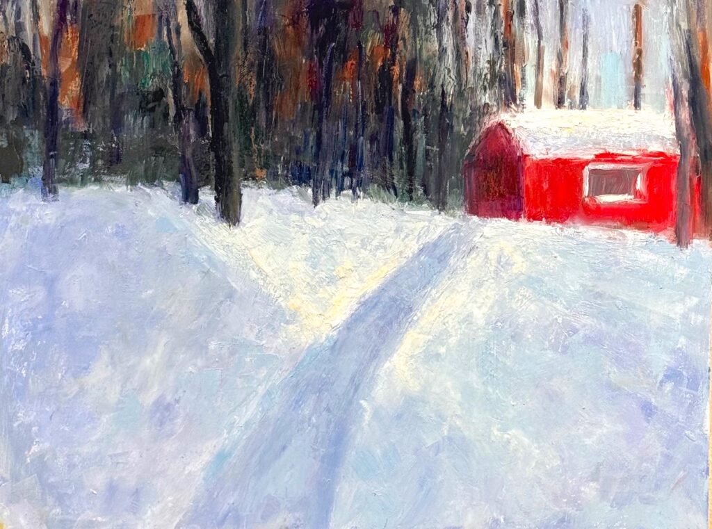 Ileen Kaplan&nbsp;• <em>Snow on the Red Cottage</em>&nbsp;• Oil on panel&nbsp;• 16″×&nbsp;12″&nbsp;• $775.00<a class="purchase" href="https://state-of-the-art-gallery.square.site/product/ileen-kaplan-snow-on-the-red-cottage/RSVSGACEGFTPFNRCU6SWRVP6" target="_blank">Buy</a>