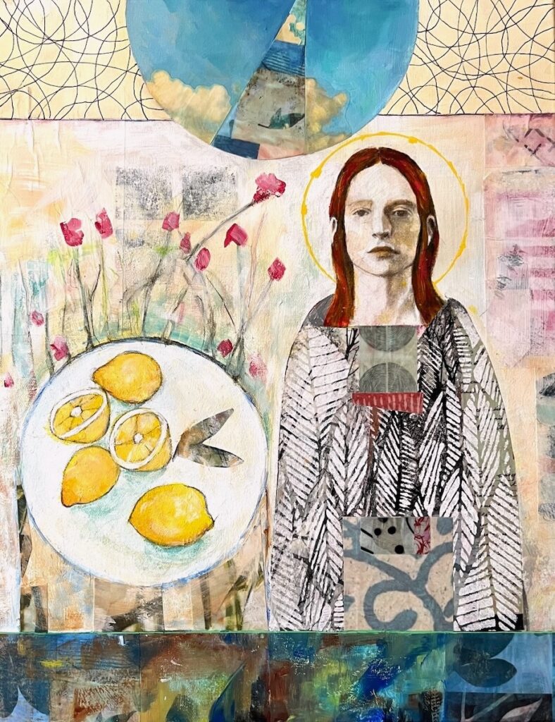 Carol Spence&nbsp;• <em>Lemon Light</em>&nbsp;• Acrylic and collage on canvas&nbsp;• 16″×&nbsp;20″&nbsp;• $340.00<a class="purchase" href="https://state-of-the-art-gallery.square.site/product/carol-spence-lemon-light/2KZSRJIYSX537MNDJAQTHUOO" target="_blank">Buy</a>