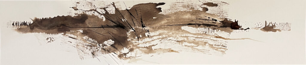 Sheila Danko&nbsp;• <em>Lands Flow #12</em>&nbsp;• Walnut ink on museum board, matted and framed w/museum glass&nbsp;• 37″×&nbsp;12″&nbsp;• $1,800.00<a class="purchase" href="https://state-of-the-art-gallery.square.site/product/sheila-danko-lands-flow-12/VFZ7F4TS2GLTNPNHNY5EBYFN" target="_blank">Buy</a>